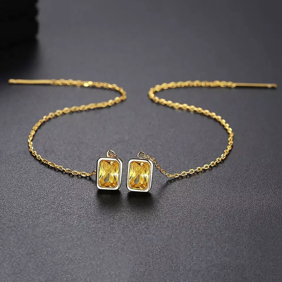 Threader Earrings in Emerald Cut Cubic Zirconia and 14K Gold Plating
