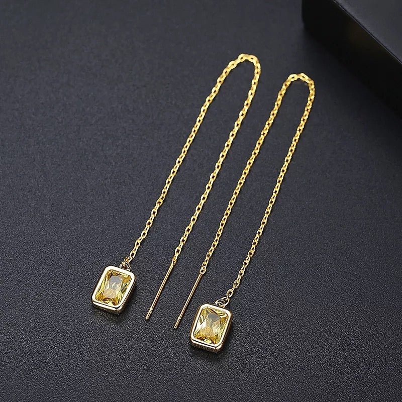 Threader Earrings in Emerald Cut Cubic Zirconia and 14K Gold Plating