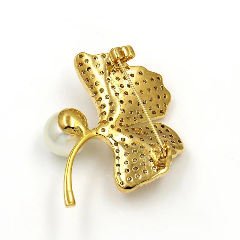 Ginkgo Leaf Pin Brooch with Clear CZ and Pearl Accents 14k Gold Plated