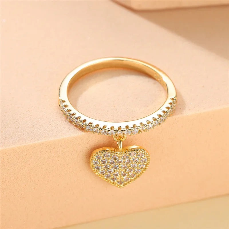 Dangling Heart Charm Ring 14K Gold Plating