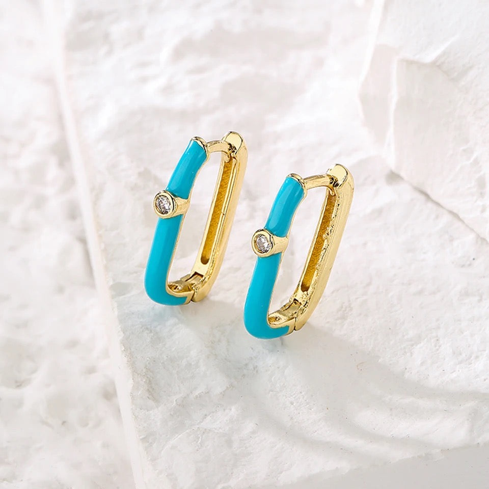 Turquoise Enamel Oval Huggie Hoop Earrings with CZ Accent
