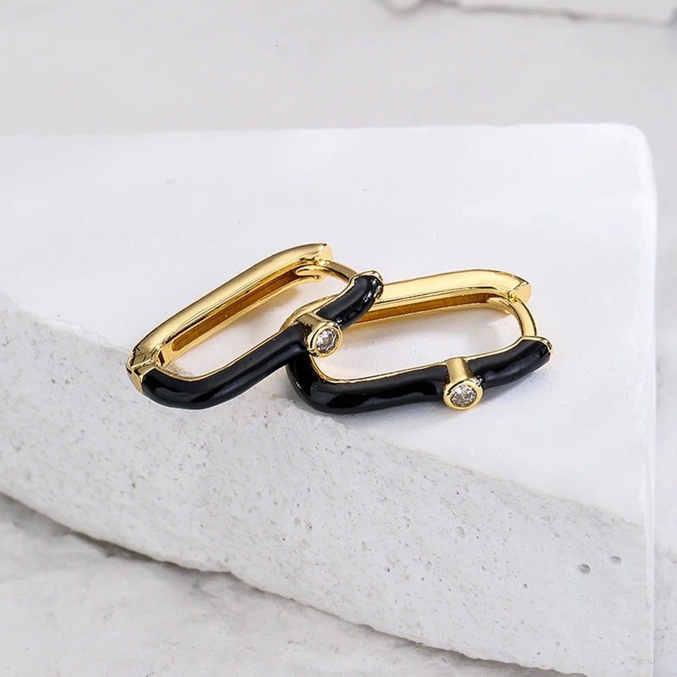 Black Enamel Oval Huggie Hoop Earrings with CZ Accent