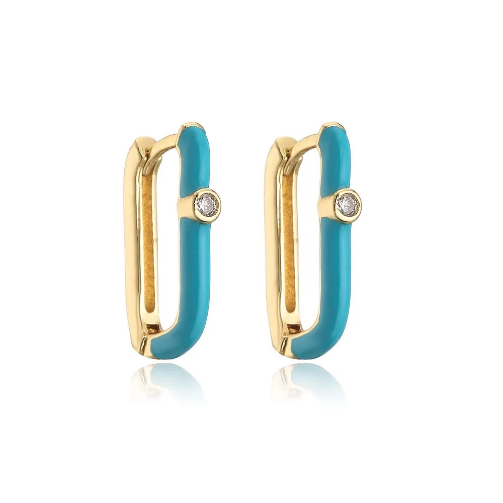 Turquoise Enamel Oval Huggie Hoop Earrings with CZ Accent