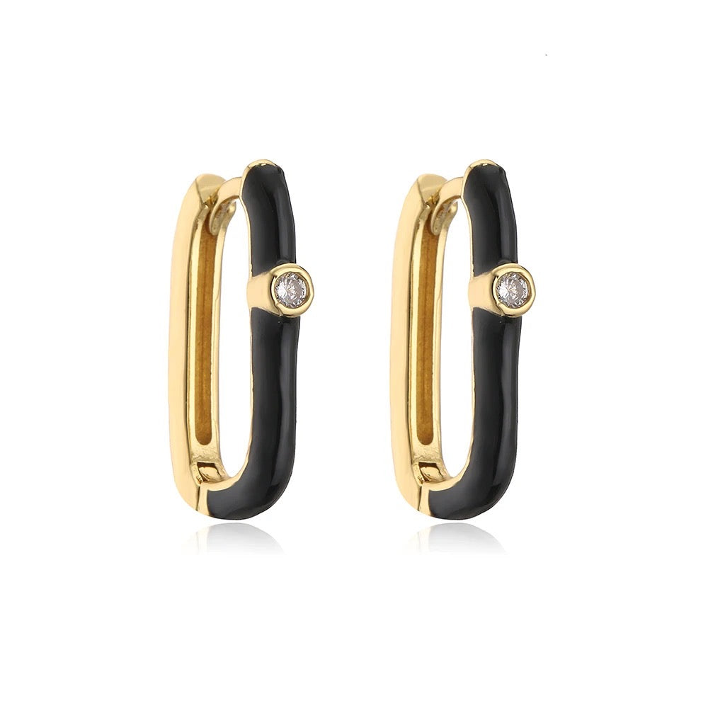 Black Enamel Oval Huggie Hoop Earrings with CZ Accent