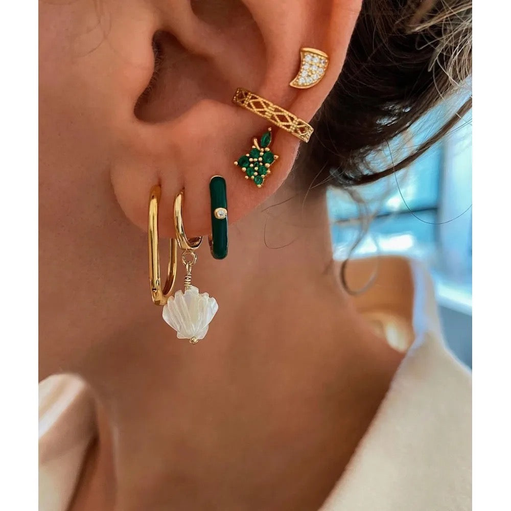 Black Enamel Oval Huggie Hoop Earrings with CZ Accent
