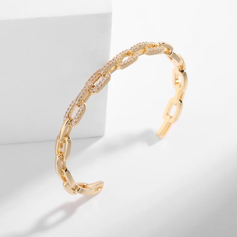 Chain Link Cuff Bracelet with Cubic Zirconia Accent and 14k Gold Plating