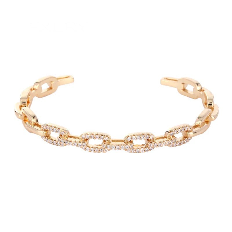 Chain Link Cuff Bracelet with Cubic Zirconia Accent and 14k Gold Plating