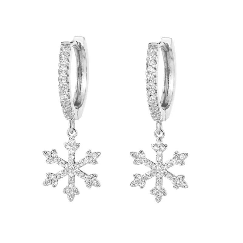 CZ Dangle Snowflake Charm Earrings, silver
