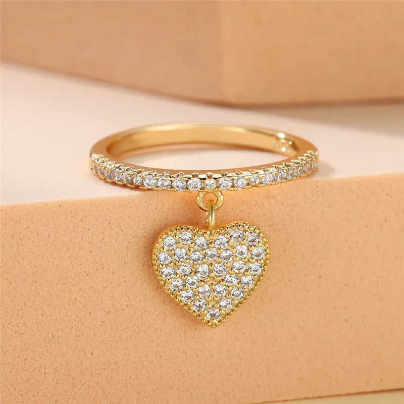 Dangling Heart Charm Ring in Cubic Zirconia Accent