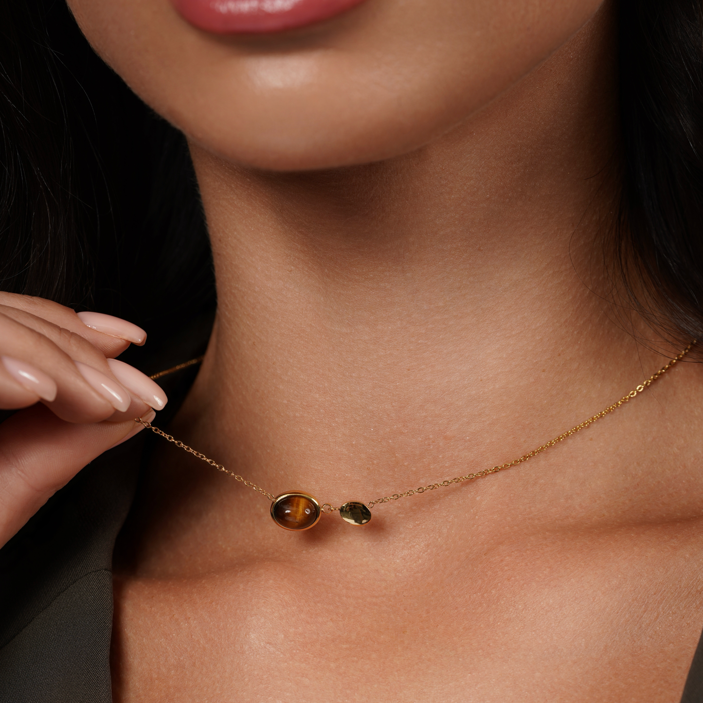 Tiger Eye Charm Necklace in 18K Gold