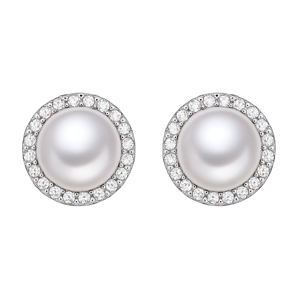 Freshwater Pearl Stud Earrings with Cubic Zirconia Accent