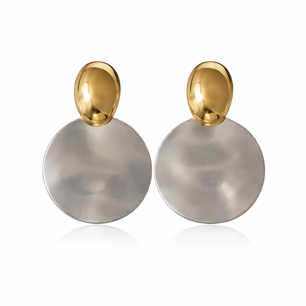 ZARD Gold Oval Brushed Silver Disc Drop Earrings