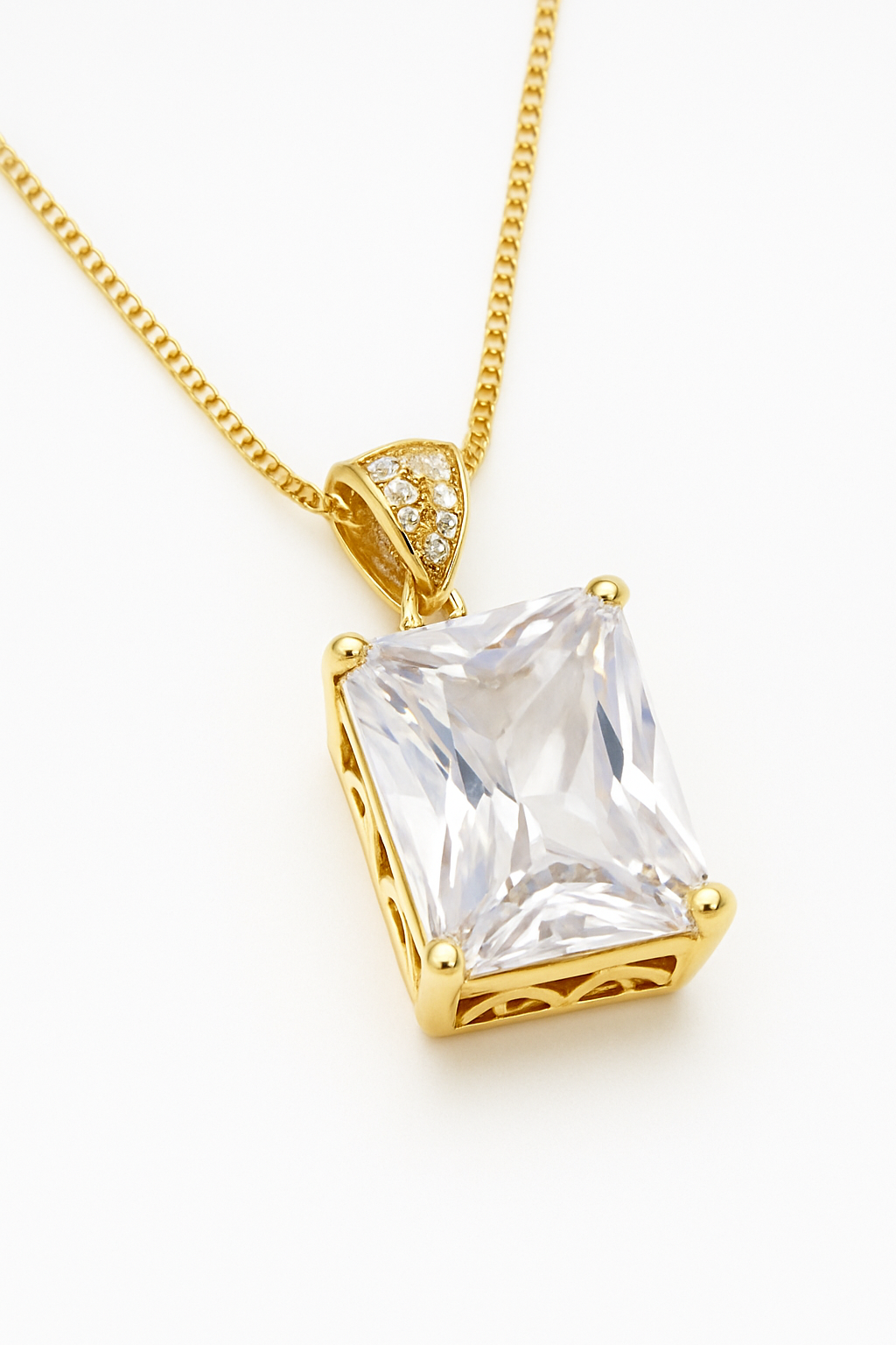 Elegant Emerald-Cut Cubic Zirconia Pendant Necklace in Gold Vermeil