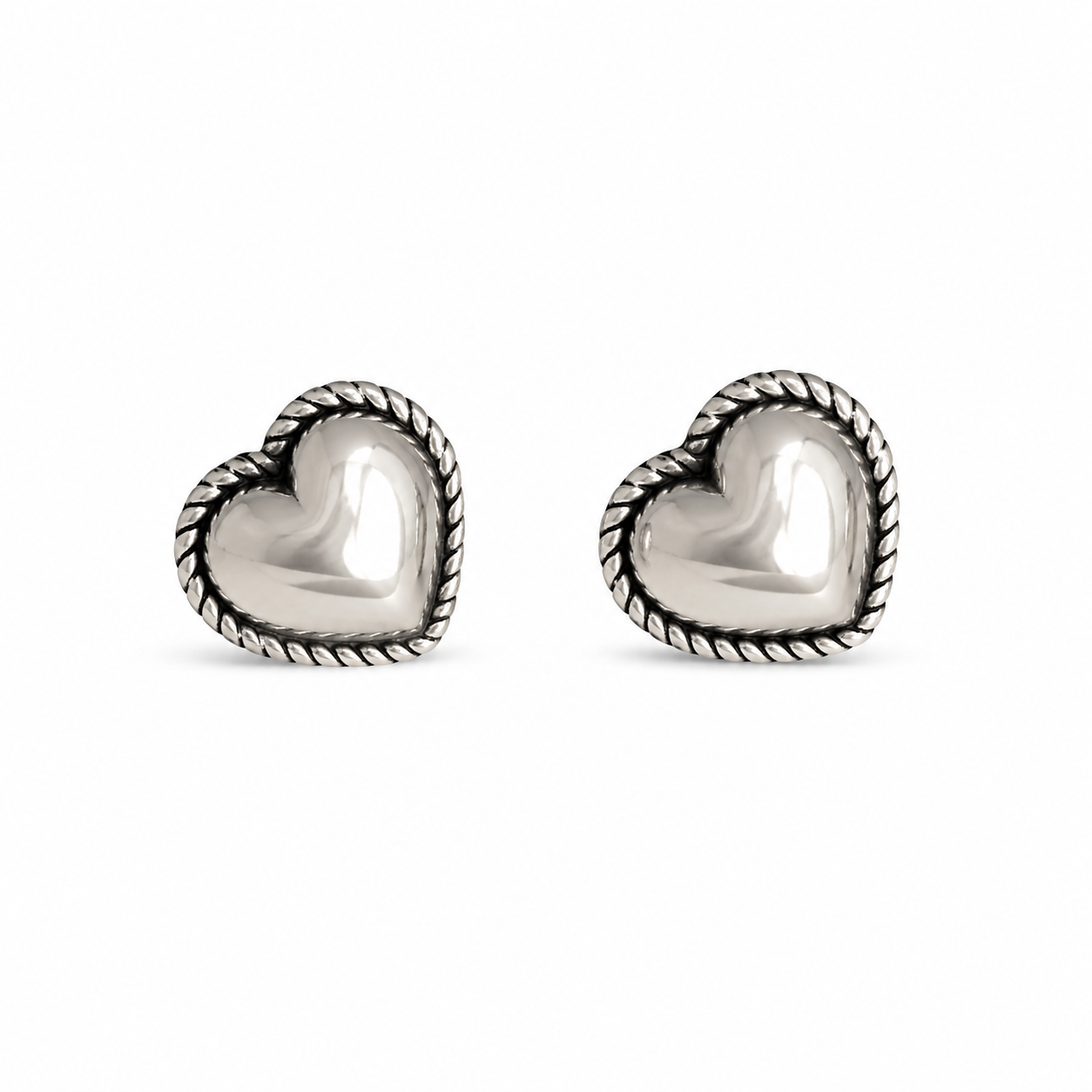 Puffed Heart Stud Earrings in Vintage Silver