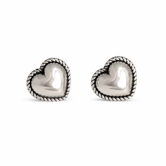 Puffed Heart Stud Earrings in Vintage Silver