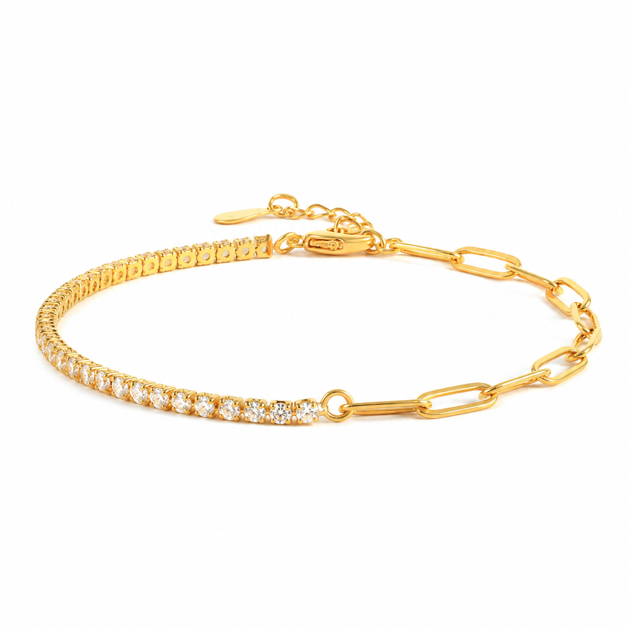 Paperclip and Tennis Bracelet in Clear Cubic Zirconia and 14k Gold Plating