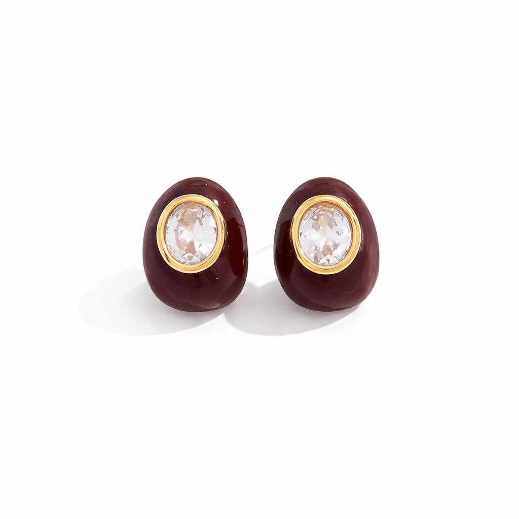 Half Hoop Earrings in Burgundy Enamel and Cubic Zirconia Accent