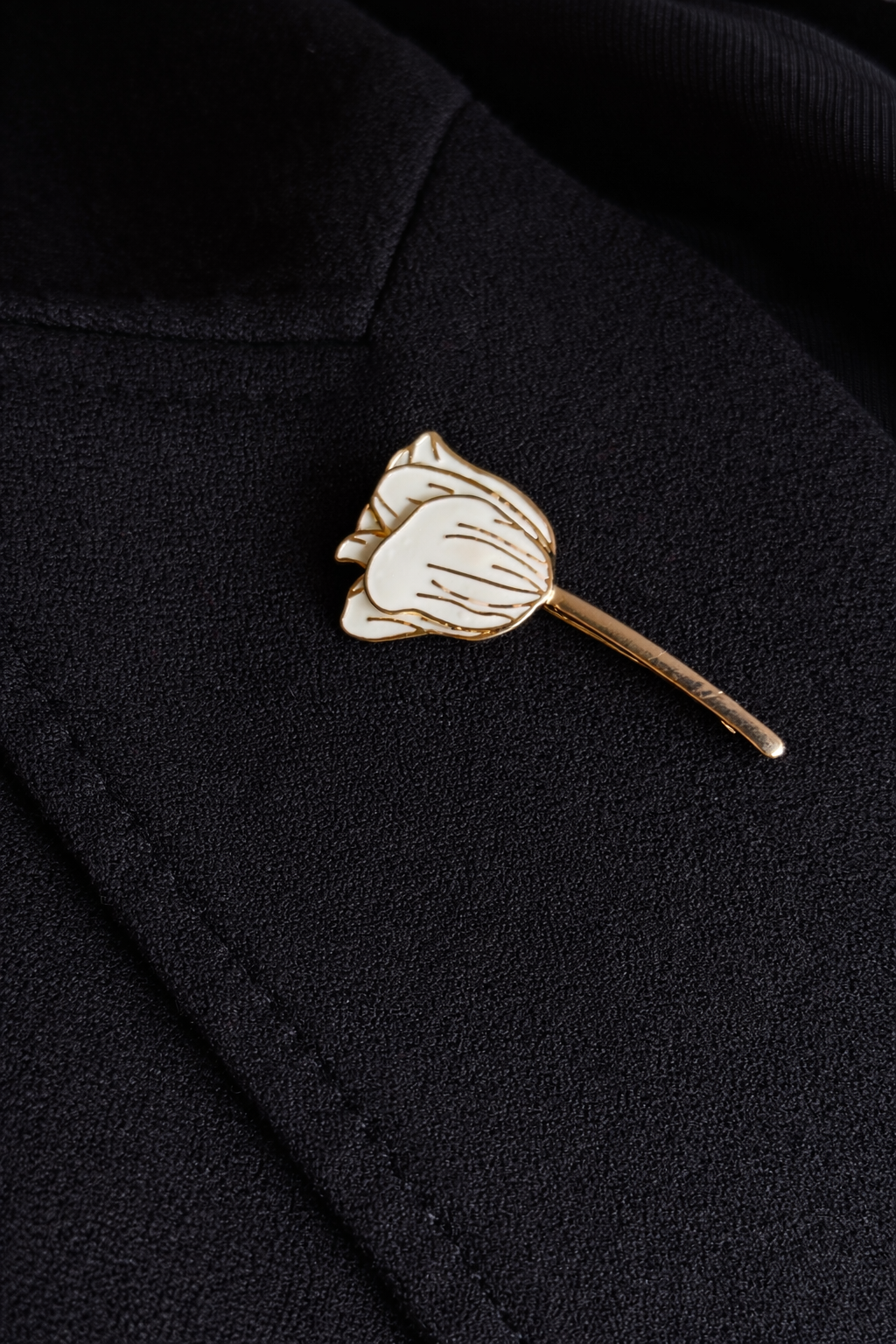 Tulip Flower Brooch in White Enamel