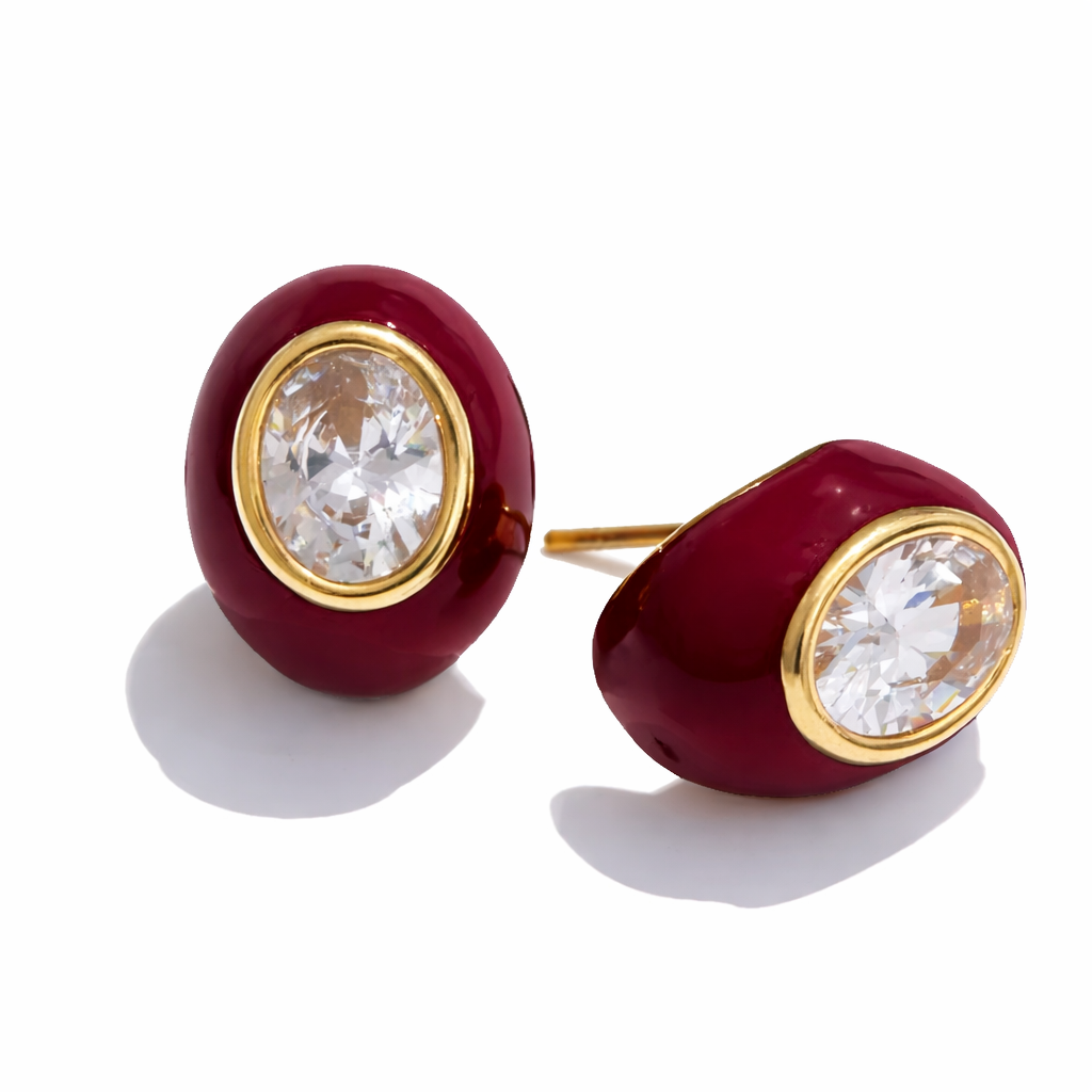 Half Hoop Earrings in Burgundy Enamel and Cubic Zirconia Accent