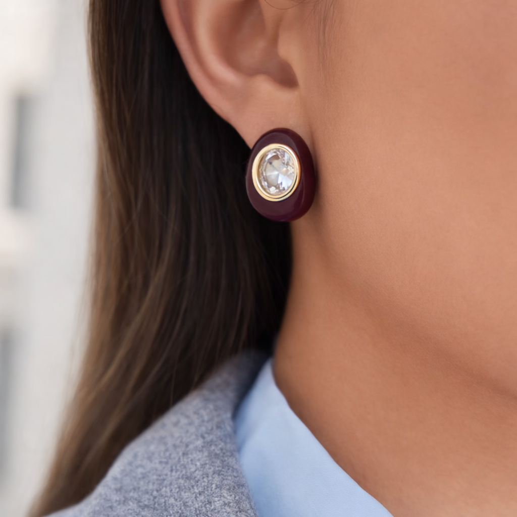 Half Hoop Earrings in Burgundy Enamel and Cubic Zirconia Accent