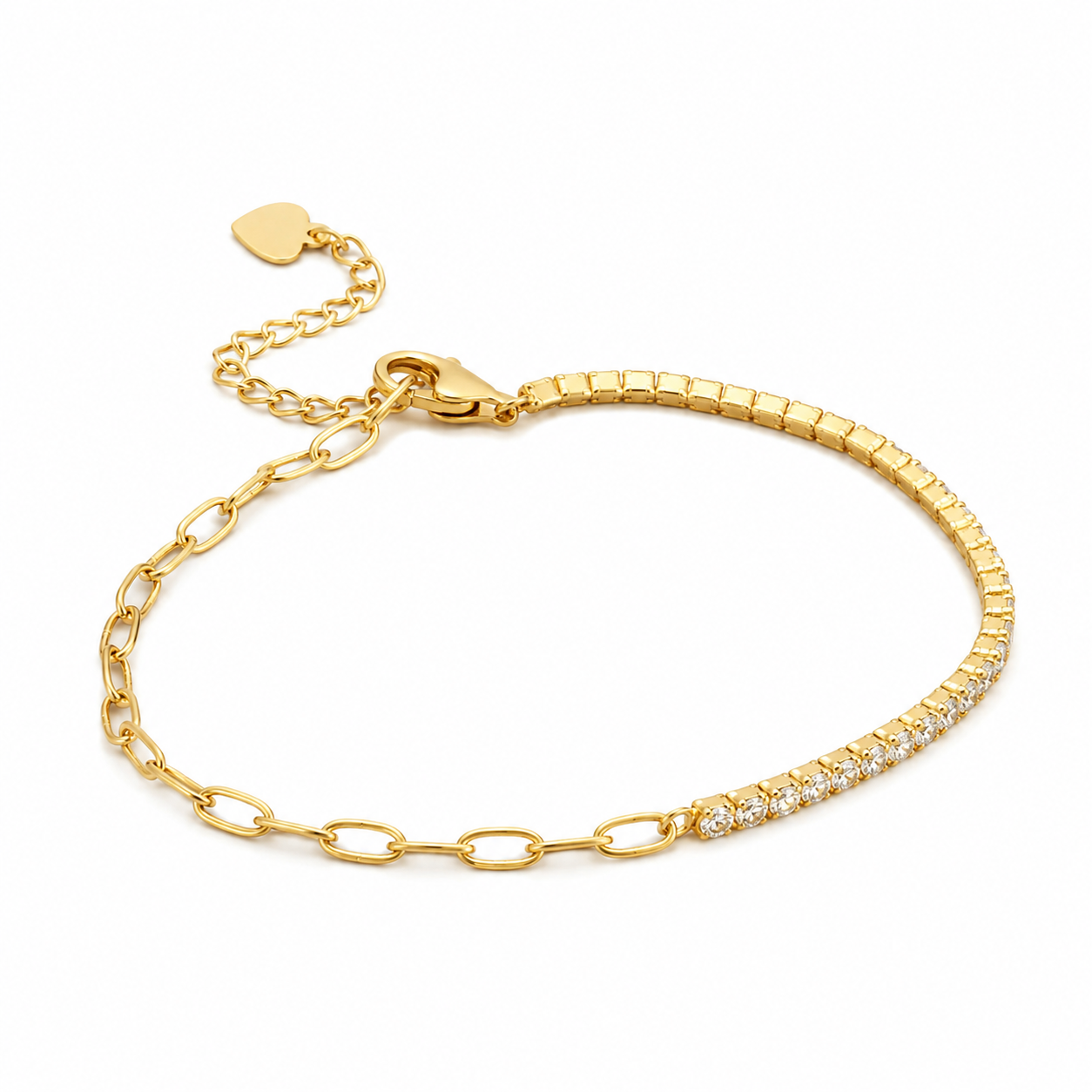 Paperclip and Tennis Bracelet in Clear Cubic Zirconia and 14k Gold Plating