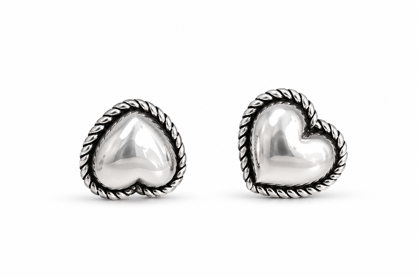Puffed Heart Stud Earrings in Vintage Silver