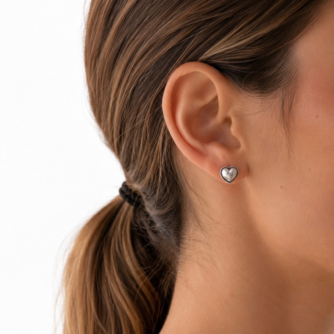 Puffed Heart Stud Earrings in Vintage Silver