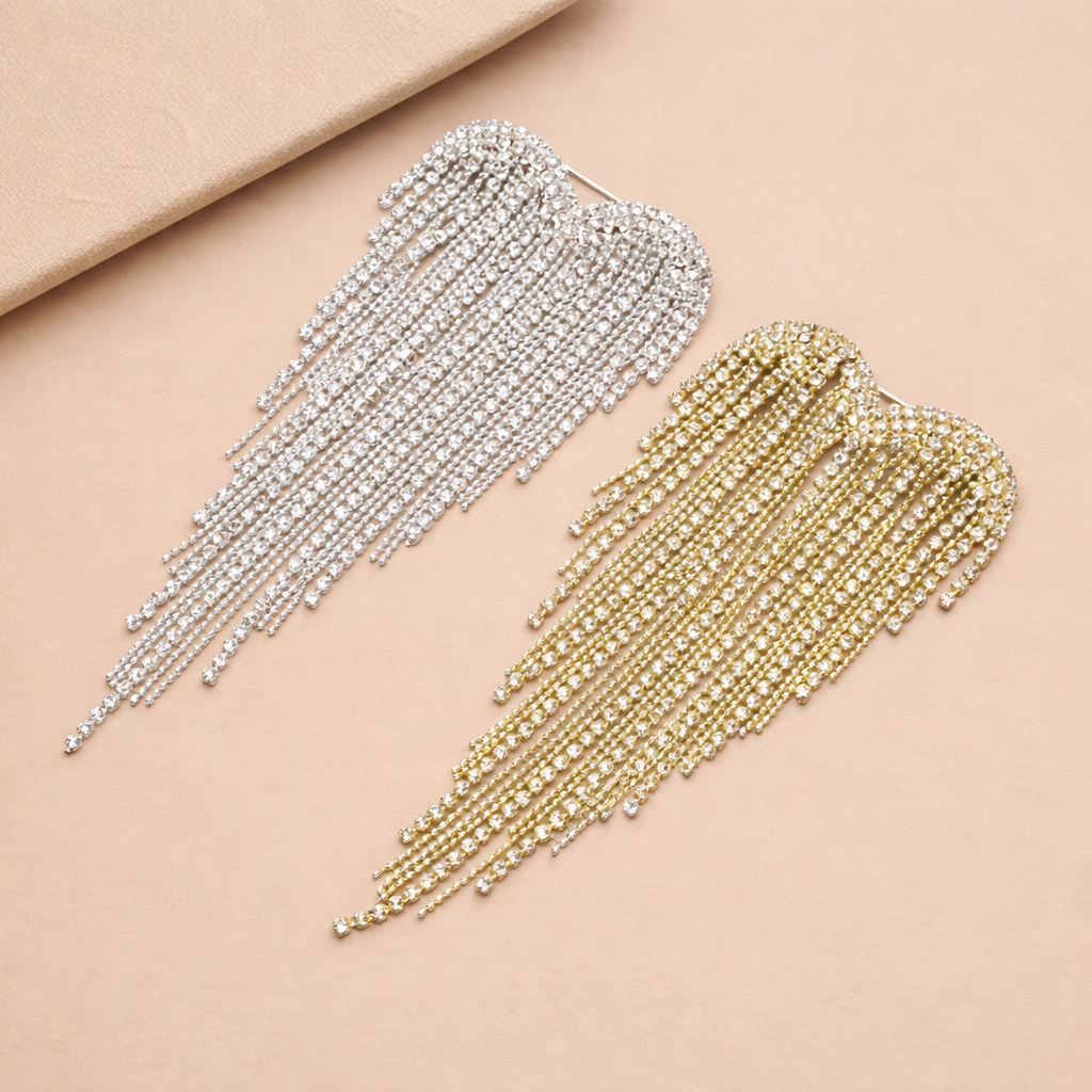 Heart Rhinestone Tassel Brooch Gold