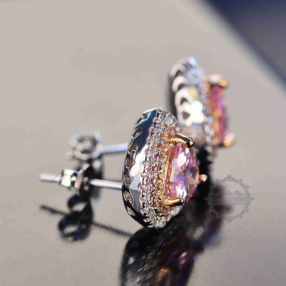 Heart Stud Earrings in Pink Halo Cubic Zirconia