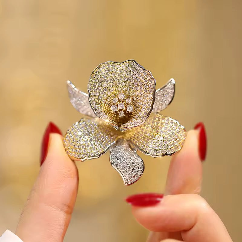 Flower Brooch with Cubic Zirconia Accents in Gold