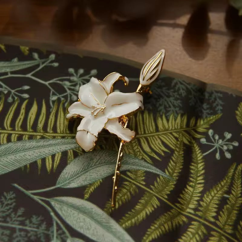 White Lily Flower Enamel Lapel Brooch