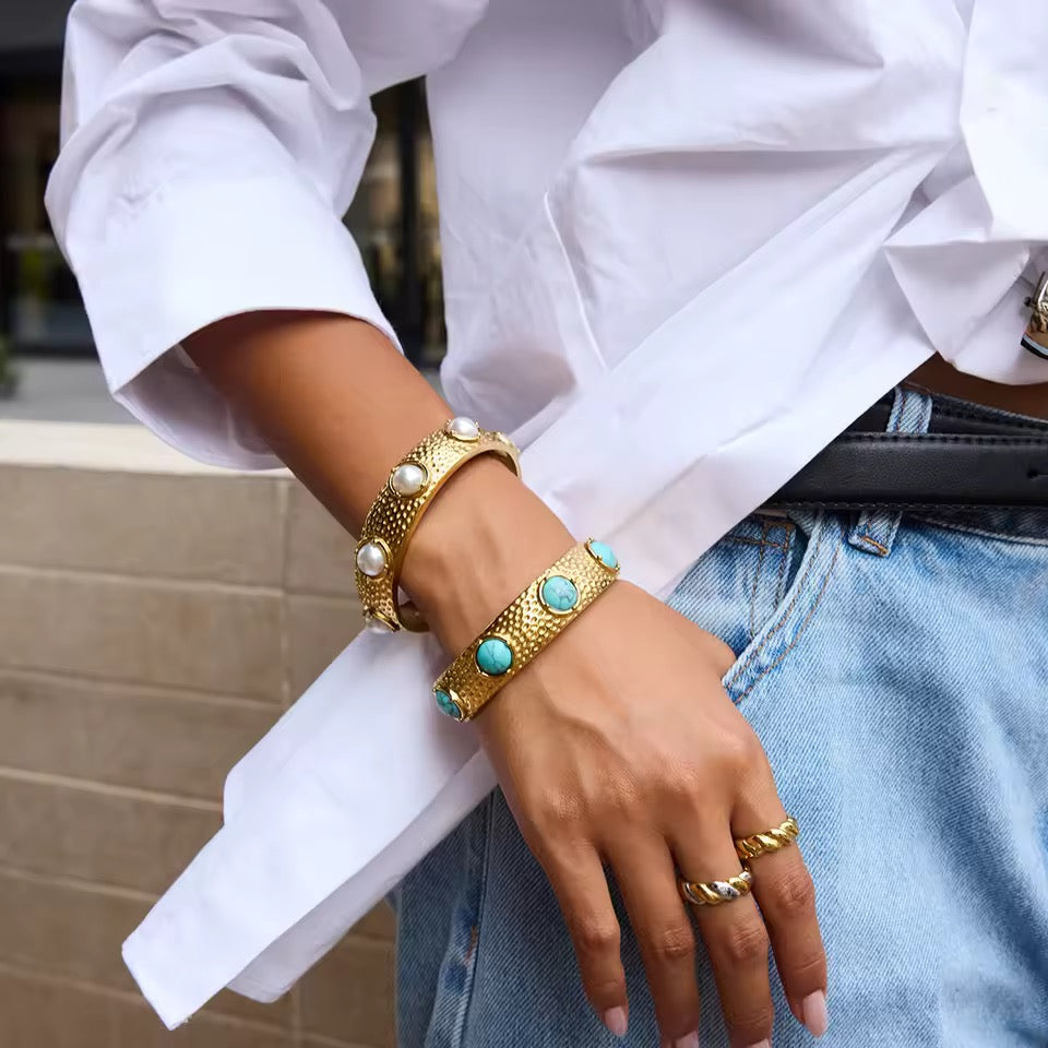 Turquoise Gemstone Cuff Bangle Bracelet in Gold Vermeil