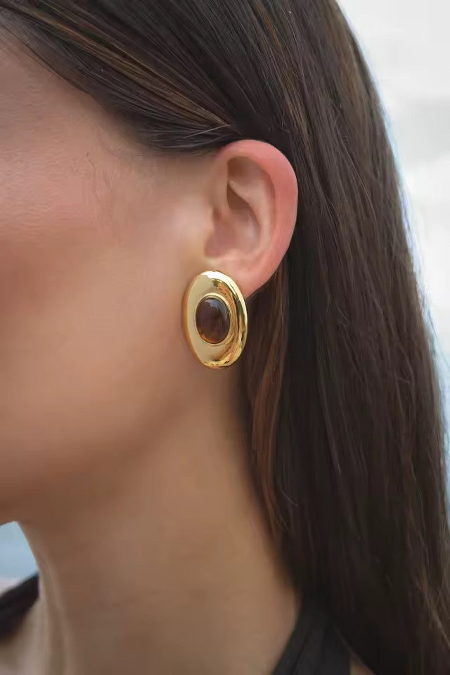 Tiger Eye Crystal Chunky Stud Earrings in 18k Gold