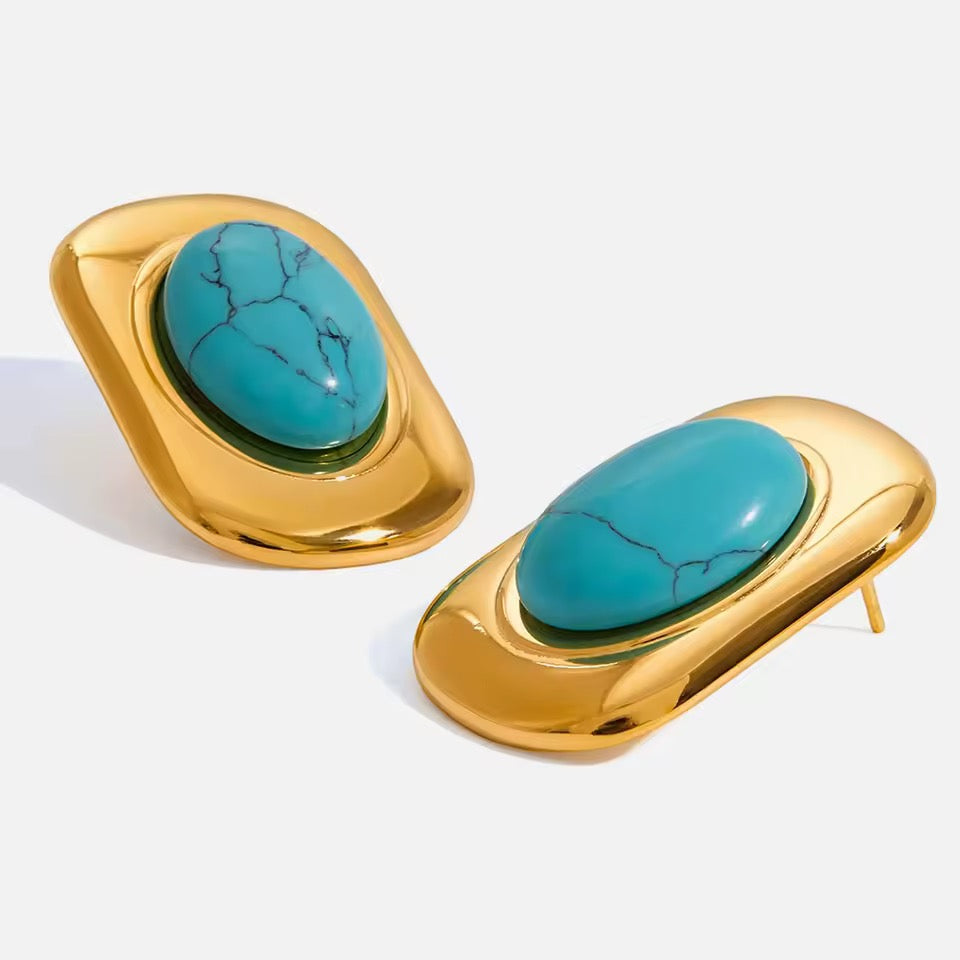 Turquoise Crystal Gem Chunky Stud Earrings in 18k Gold