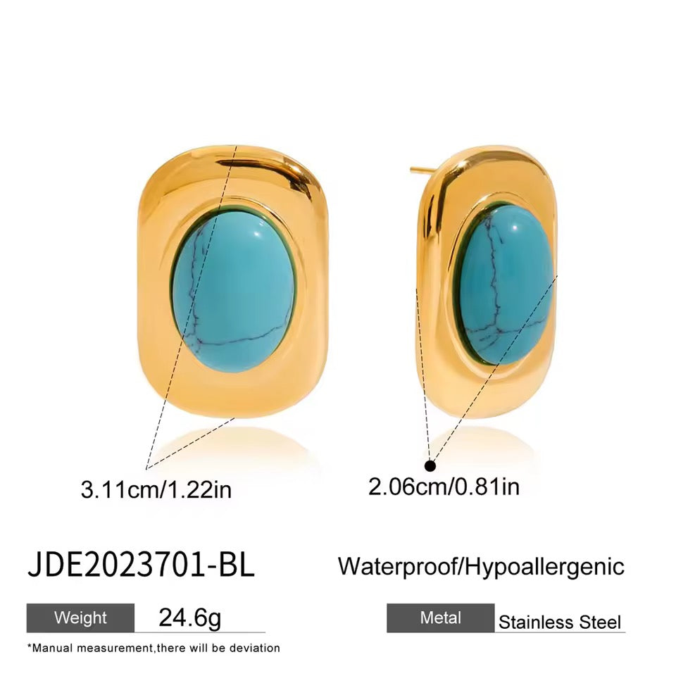 Turquoise Crystal Gem Chunky Stud Earrings in 18k Gold