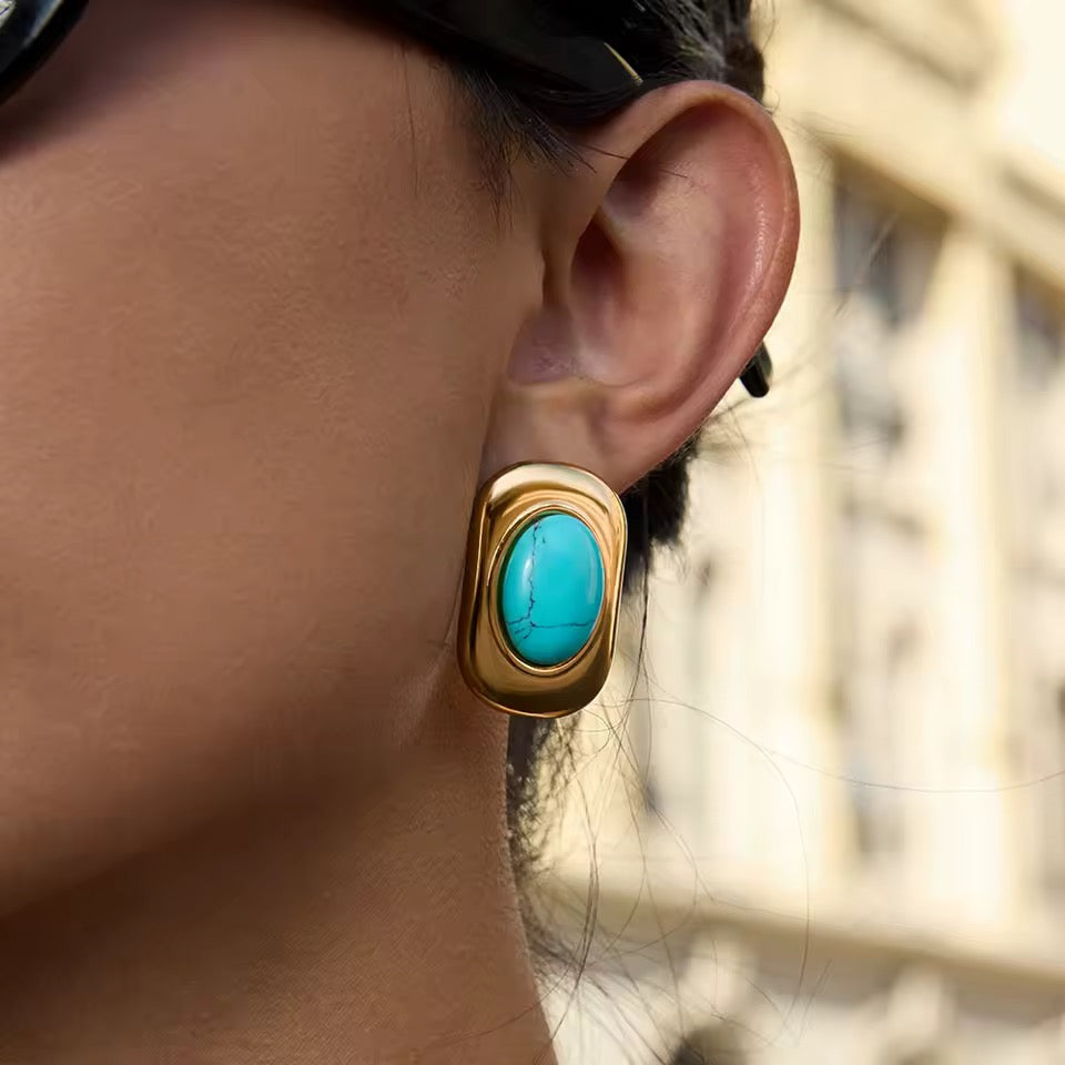 Turquoise Crystal Gem Chunky Stud Earrings in 18k Gold