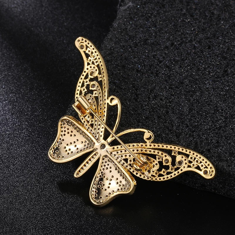 Gold Butterfly Brooch in Cubic Zirconia Accents