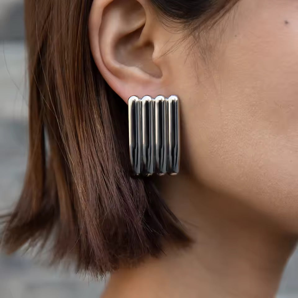 18K Gold Linear Sculpted Silver Earrings