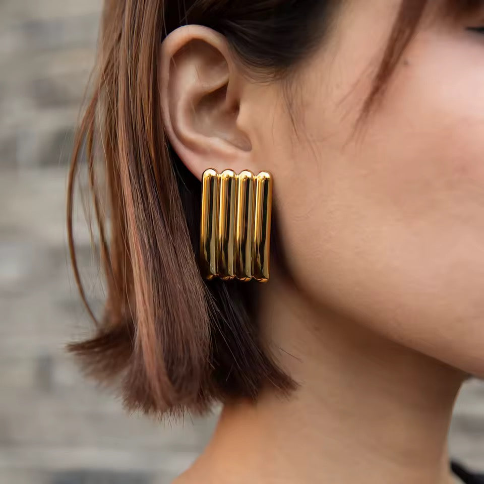 18K Gold Linear Sculpted Silver Earrings