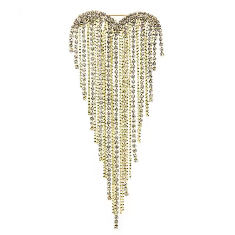Heart Rhinestone Tassel Brooch Gold