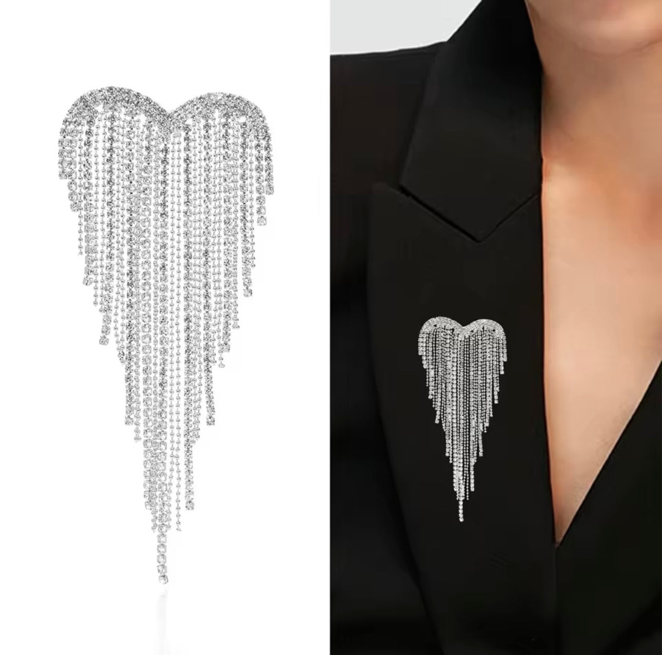 Heart Rhinestone Tassel Brooch Gold