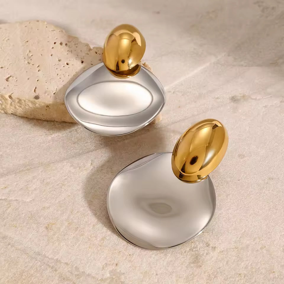 ZARD Gold Oval Brushed Silver Disc Drop Earrings