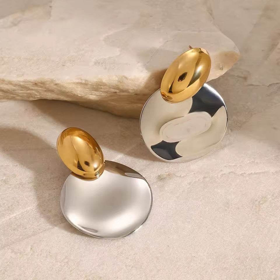 ZARD Gold Oval Brushed Silver Disc Drop Earrings