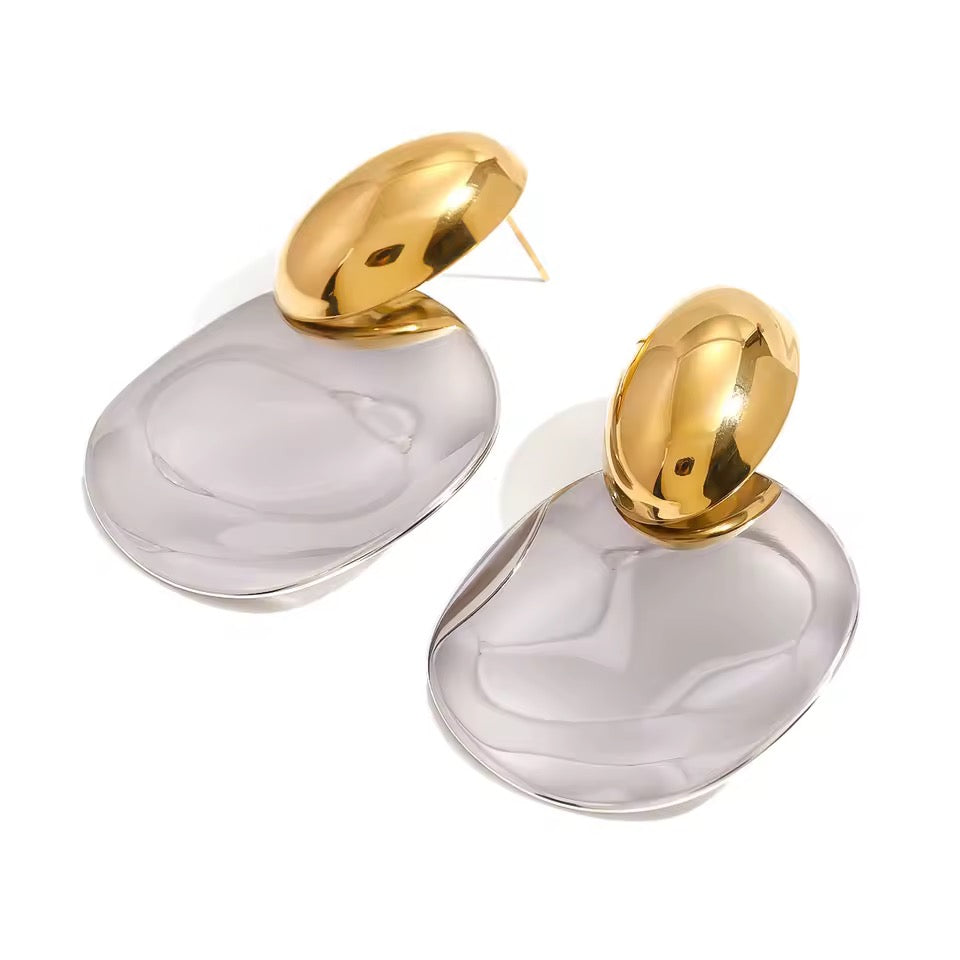 ZARD Gold Oval Brushed Silver Disc Drop Earrings