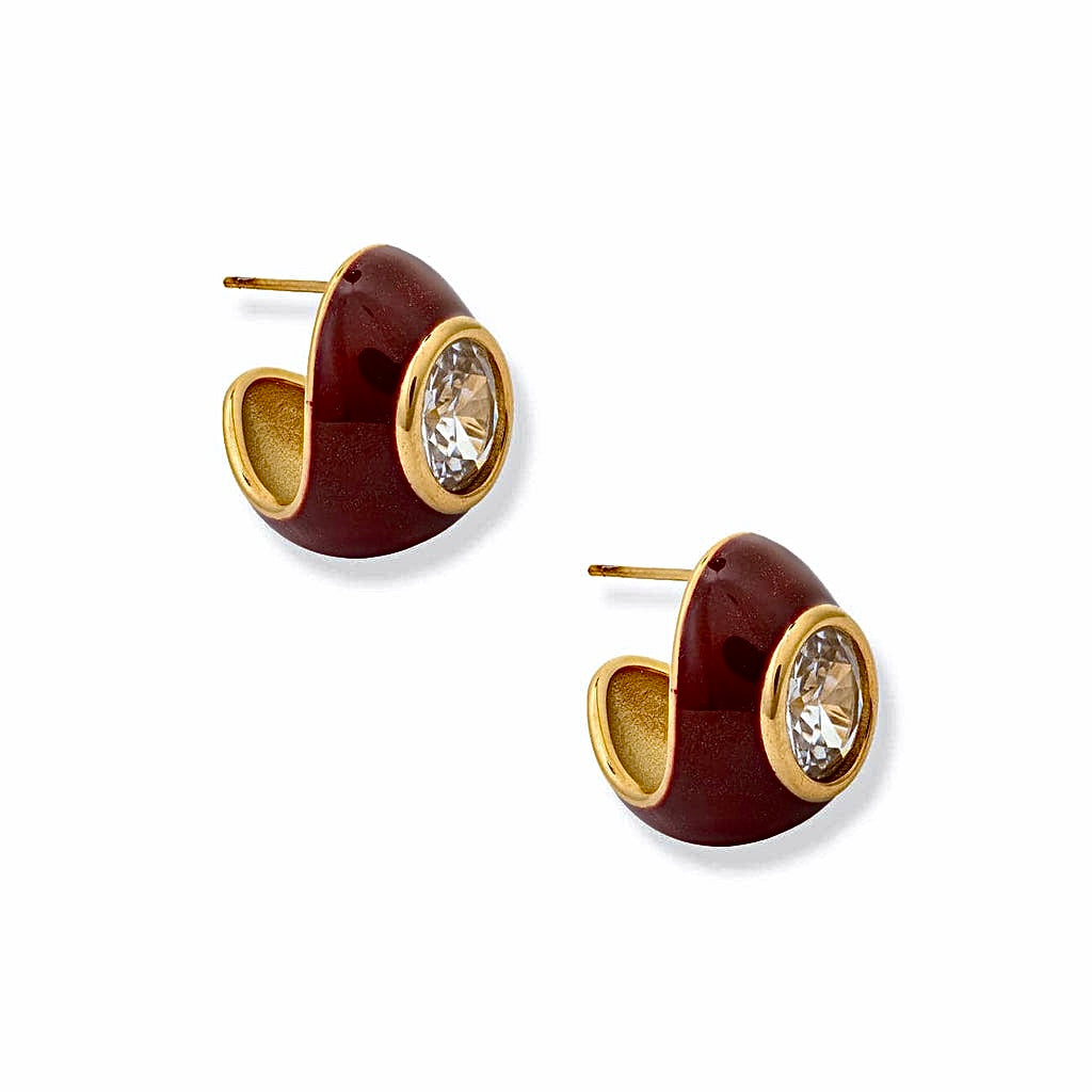 Half Hoop Earrings in Burgundy Enamel and Cubic Zirconia Accent