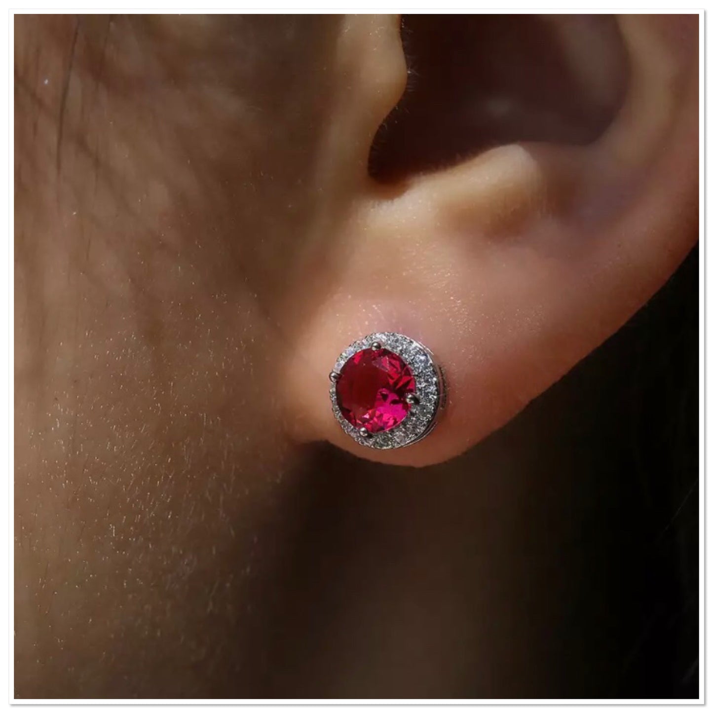 Halo Stud Earrings in Red Round Cut Cubic Zirconia