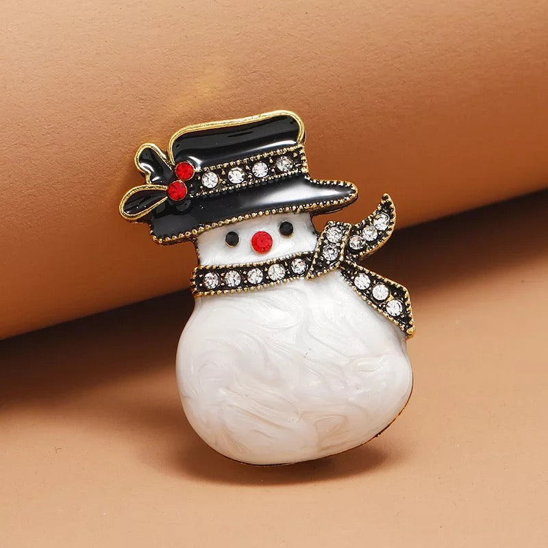 Festive Snowmen Christmas Brooch with Rhinestone Accents