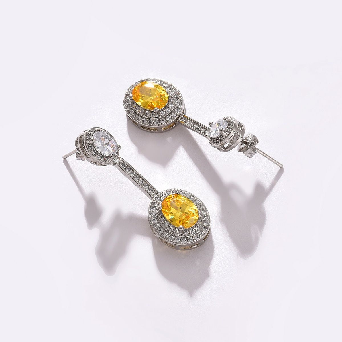 Yellow Cubic Zirconia Halo Drop Earrings in 925 Sterling Silver