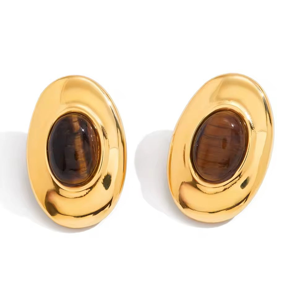 Tiger Eye Crystal Chunky Stud Earrings in 18k Gold