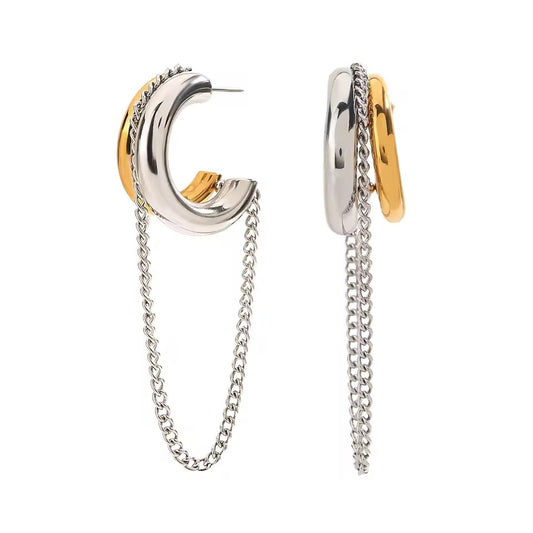 Silver Gold Double Hoop Earrings with Chain Drop